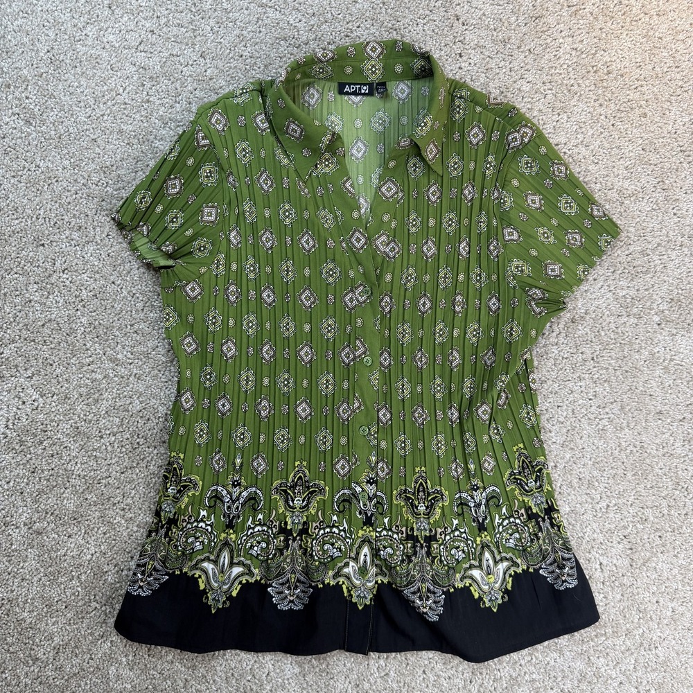 APT. 9 Blouse Womens Petites PXL Green Geometric Collared Tunic Top Short Sleeve